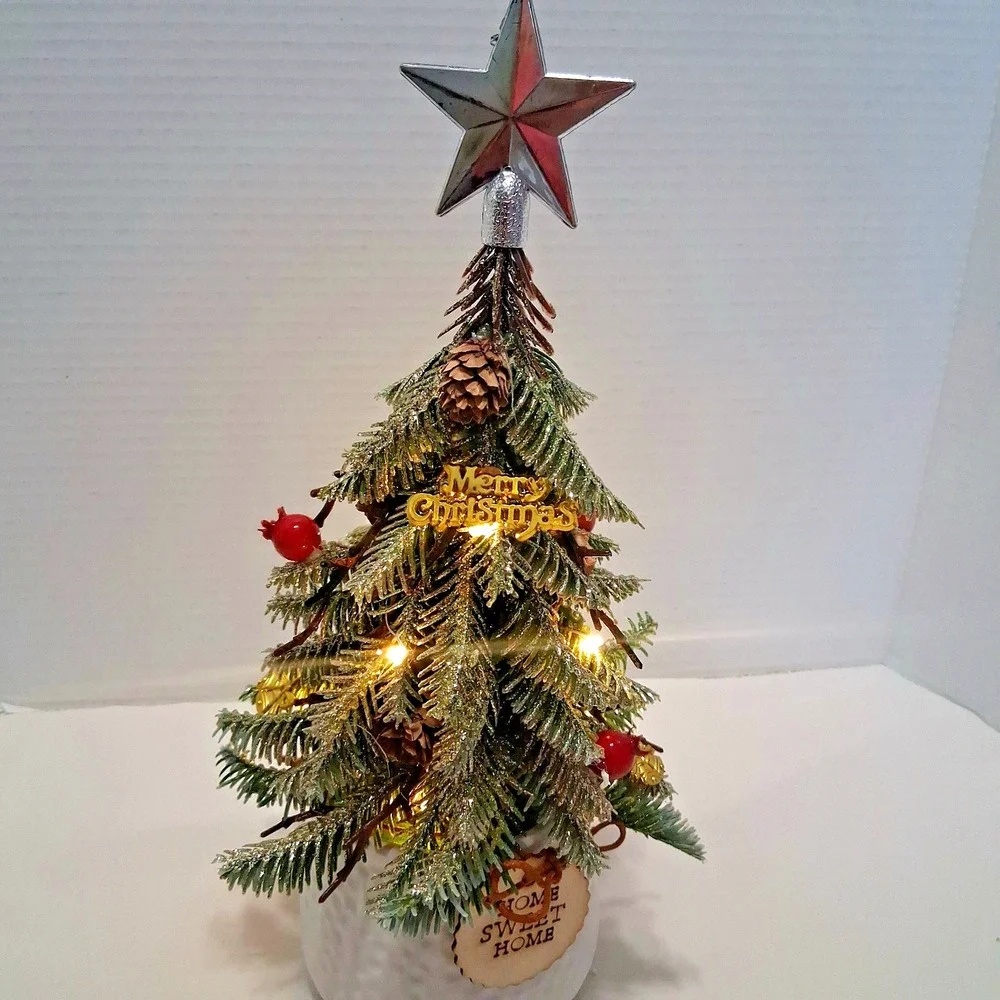 Glittered Christmas‎ Tree in Pot Light Up Bells Star Home Sweet Home Table Top